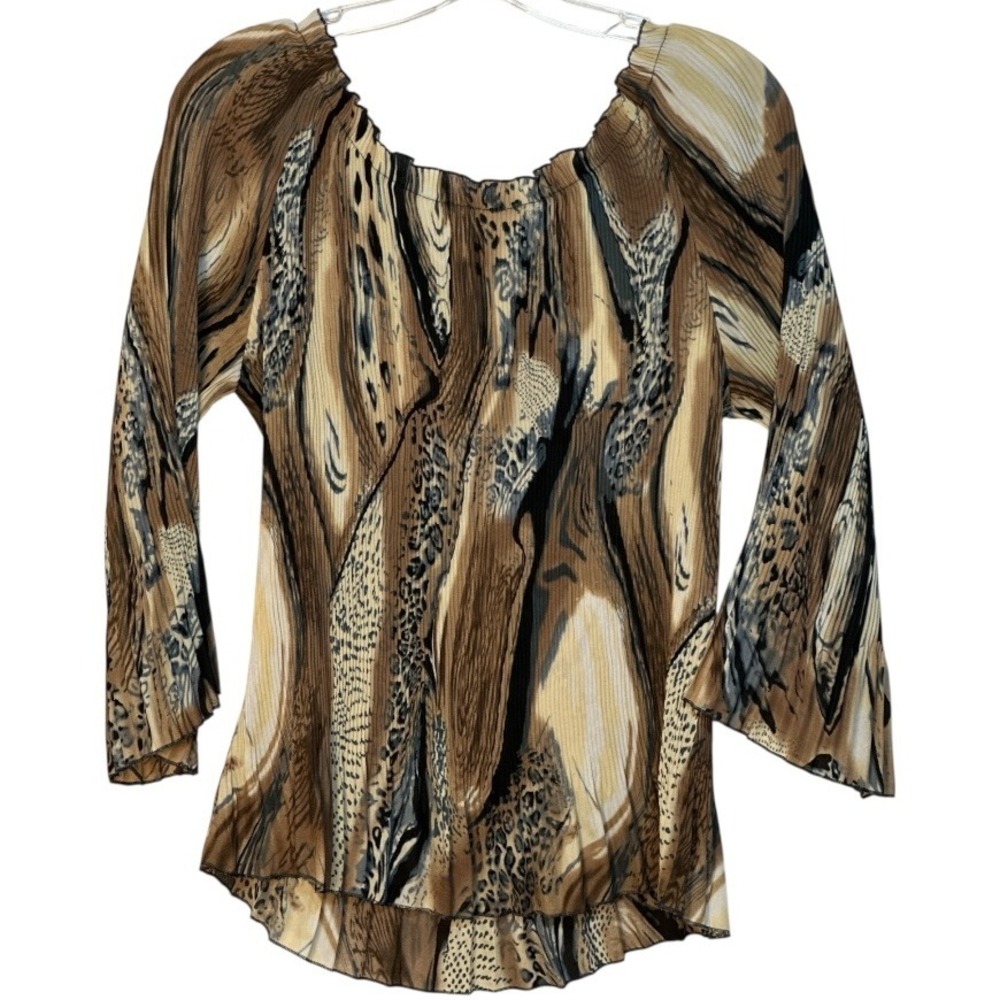 Piano Top Abstract Animal Print Brown Blouse 3/4 Sleeve Pleated Brown‎ Blue XL